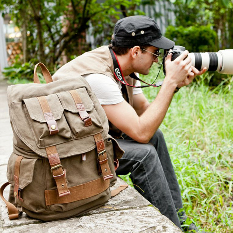 Khaki Canvas Waterproof Mens 16'' Camera Backpack Army Green Large NIKON Camera Bag DSLR Camera Bag For Men