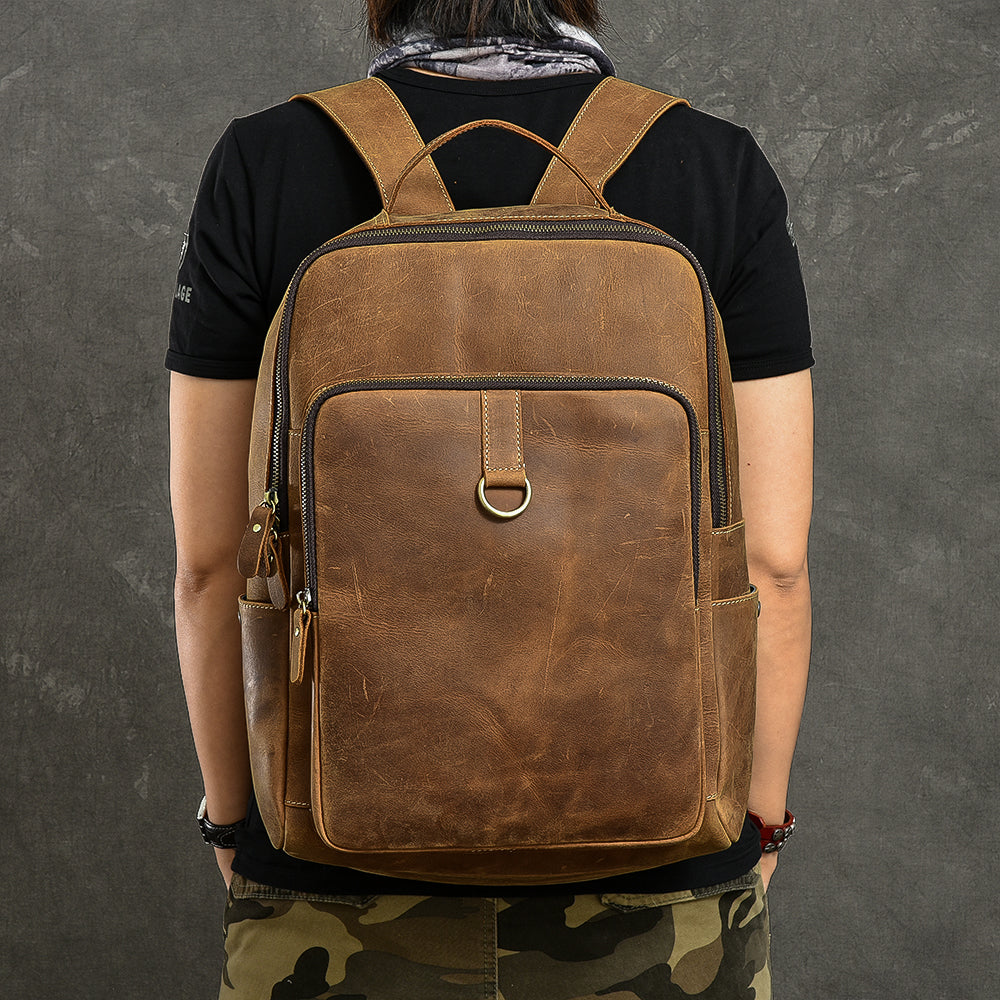 Cool Leather Mens 15' Retro Brown Hiking Backpack Travel Backpack College Backpack for Men