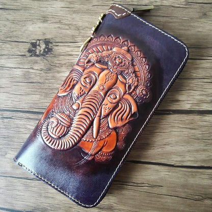 Black Handmade Tooled Tang Lion Leather Long Wallet Zipper Wallet Clutch Wallet For Men