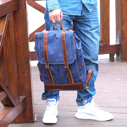 Denim Blue Waxed Canvas Mens Large 14'' Laptop Backpack College Backpack Hiking Backpack for Men