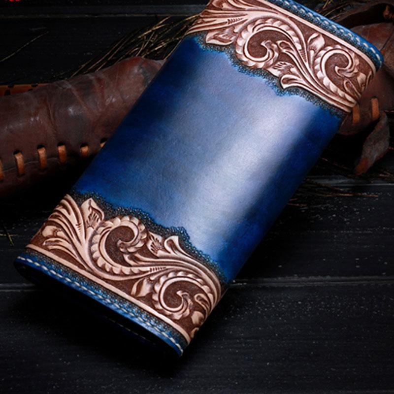 Handmade Leather Mens Tooled Floral Clutch Wallet Cool Wallet Long Wallets for Men Women