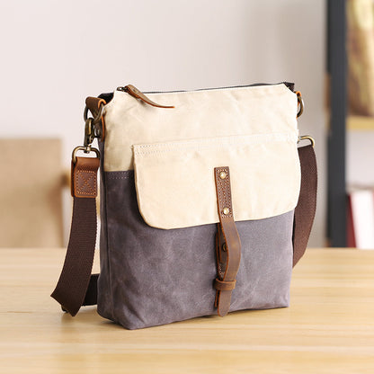 Wax Canvas Leather Mens Small Waterproof Vertical Green Side Bag Courier Bag Messenger Bag for Men