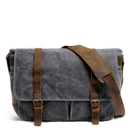 Waxed Canvas Leather Mens Waterproof 14'' Computer Black Side Bag Messenger Bag For Men