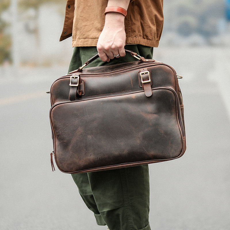 Vintage Dark Brown Mens Leather Briefcase Work Handbag Brown 15'' Computer Briefcase For Men