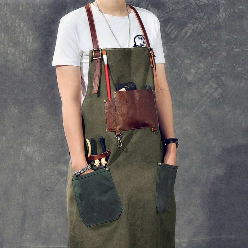 Canvas Leather Mens Womens Blue Craftsman Apron Cafe Staff Apron Work Apron for Men