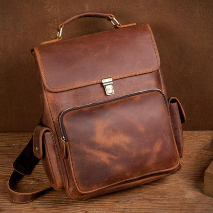 Brown Casual Leather Mens 13 inches School Backpack Travel Backpack Computer Backpack for Men