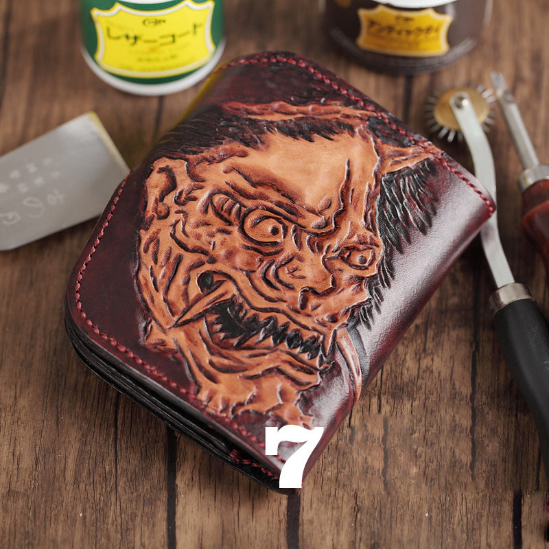 Brown Handmade Tooled Hannya Leather Mens Small Bifold Biker Wallet billfold Wallet For Men