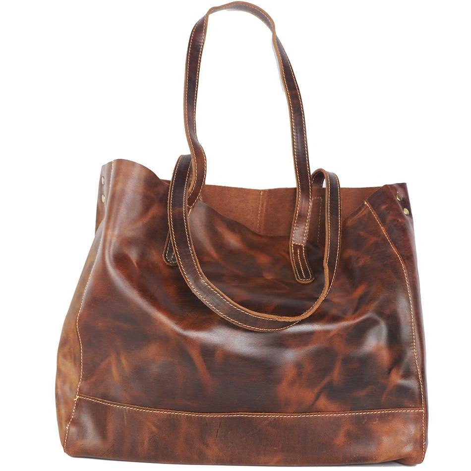 Vintage Brown Leather Men Womens Tote 15 inches Amber Brown Tote Bag Shoulder Tote Bag For Men