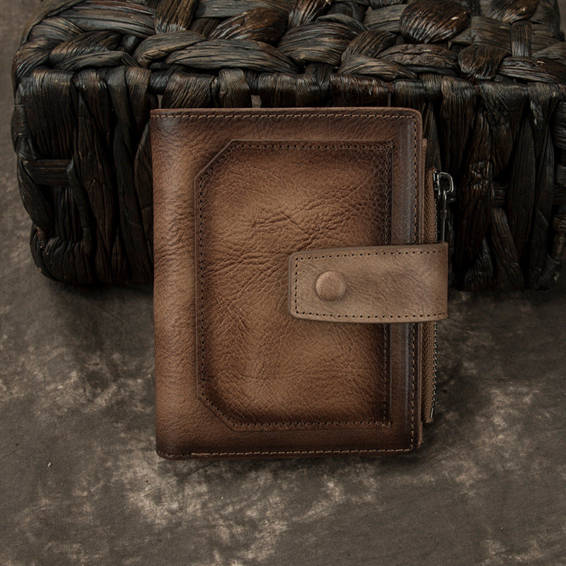 Cool Leather Brown Men's Zipper billfold Small Wallet Bifold Wallet Multi-Card Wallet For Men