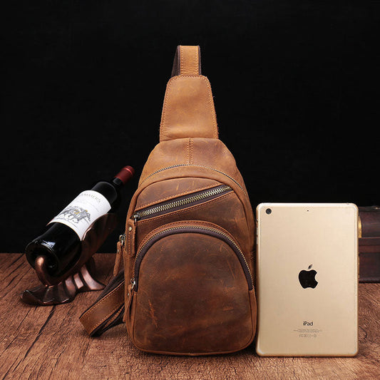 Cool Vintage Brown Leather Chest Bag Sling Bags Crossbody Sling Bag One Shoulder Backpack For Men