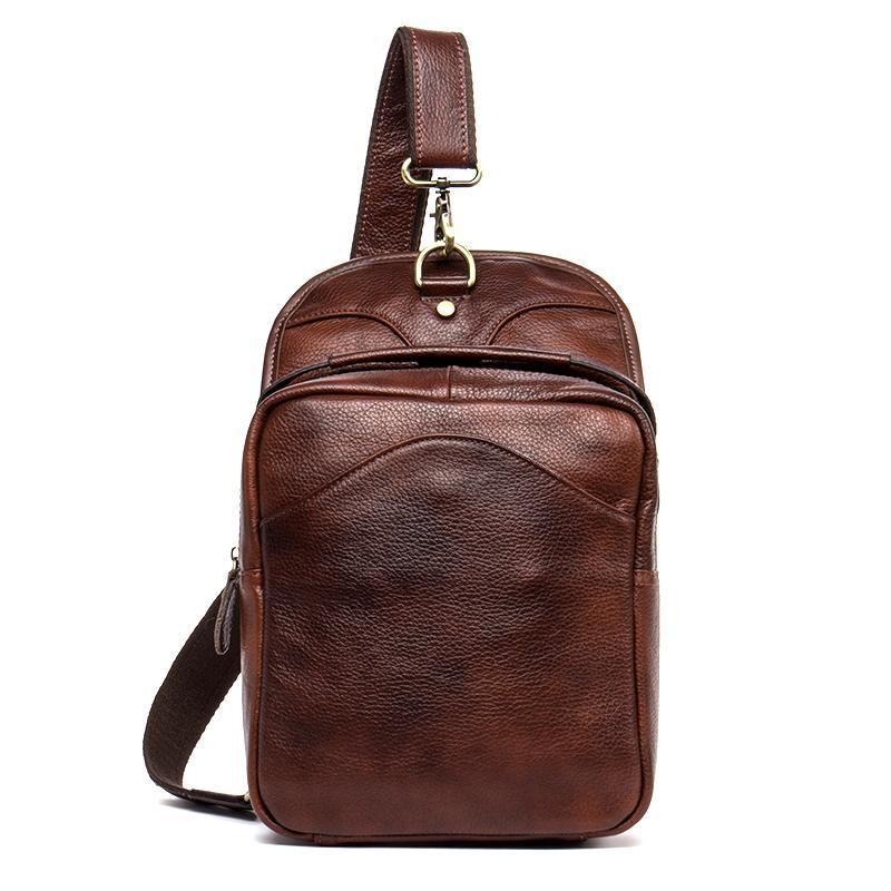 Casual Brown Leather Mens Sling Pack Sling Bags Chest Bags Brown One Shoulder Backpack for Men