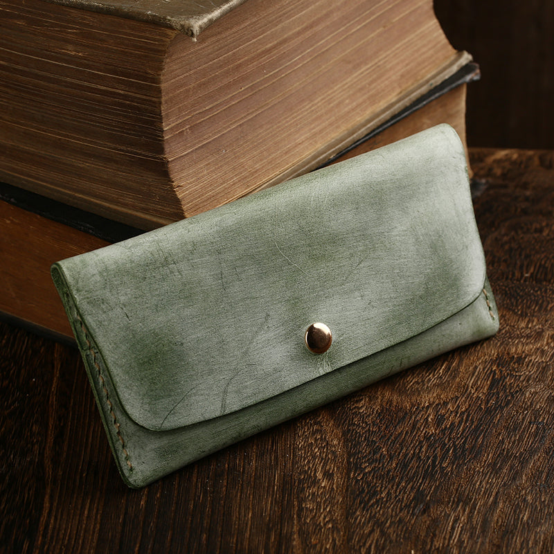 Handmade Mens Leather Blue Envelope Bag Long Wallet Phone Bag Green Clutch for Men