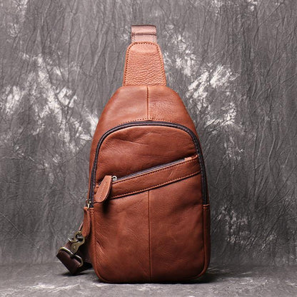 Cool Black Leather Sling Backpack Men's Brown Sling Bag Sling Pack One shoulder Backpack For Men