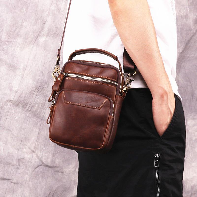 Brown Leather Men's Vertical Small Courier Bag Belt Pouch Mini Messenger Bag Belt Bag For Men