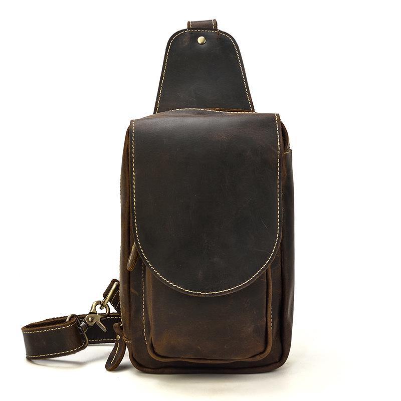 Leather Men's 8 inches Brown Sling Bag Chest Bag Dark Brown One Shoulder Backpack For Men