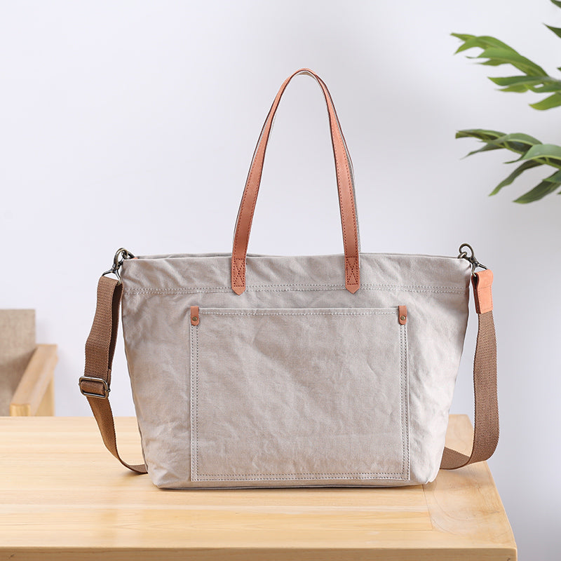 Casual Canvas Leather Mens Womens Large White Handbag Tote Bag Khaki Shoulder Bag Tote Purse For Men