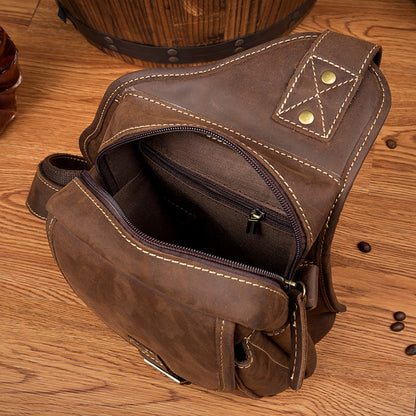 Casual Brown Leather Mens Sling Packs Sling Bag Chest Bag One Shoulder Backpack for Men