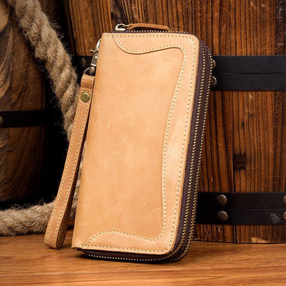 Cool Dark Brown Mens long Wallet Wristlet Wallet Clutch Wallet Yellow Brown Long Wallets for Men