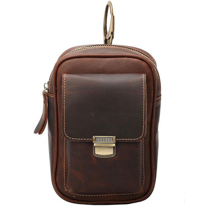 Black Vintage Leather Mens Mini Messenger Bag Waist Bag Dark Brown Belt Pouch Bag For Men