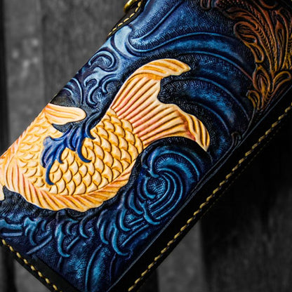 Handmade Leather Men Tooled Carp Cool Leather Wallet Long Phone Wallets for Men