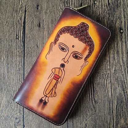 Brown Handmade Ganesha Leather Long Wallet Zipper Wallet Clutch Wallet For Men