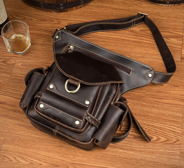 Cool Brown Leather Mens Fanny Pack Khaki Waist Bags Belt Tool Bag Hip Pack Belt Bag Bumbag for Men