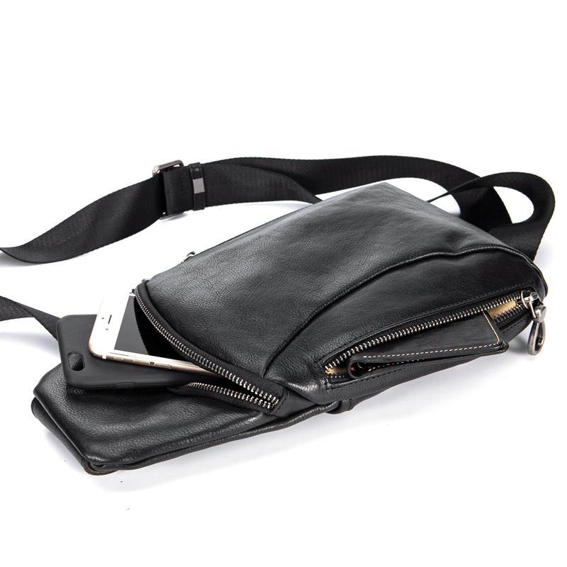 Cool Mens Black Leather Sling Bag Chest Bag Soft Black One Shoulder Backpack Sling Backpack for men