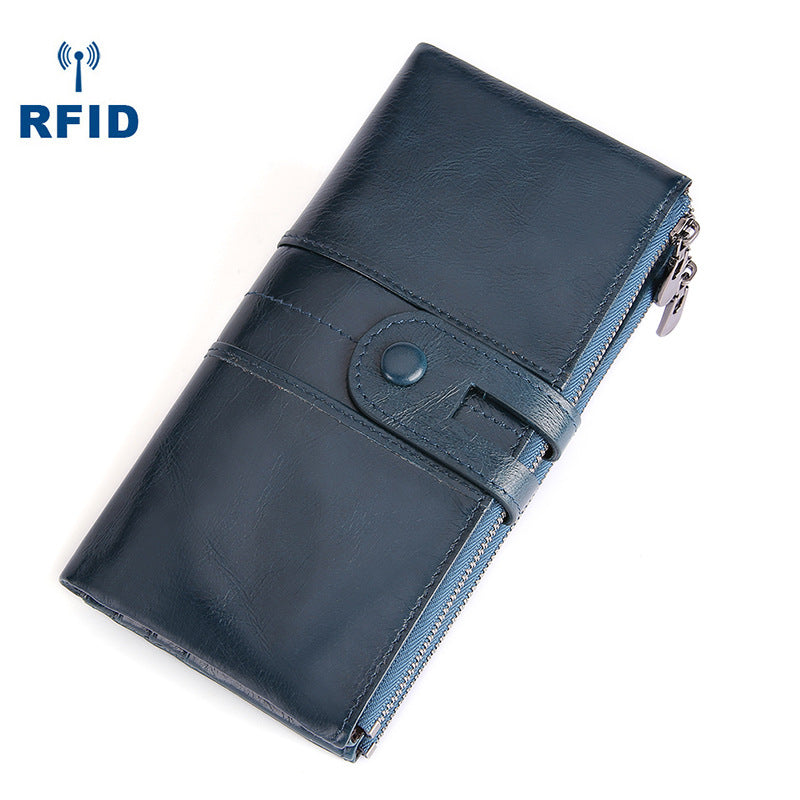 RFID Cool Leather Brown Men's Bifold Long Wallet Multi Cards Black Long Wallet For Men