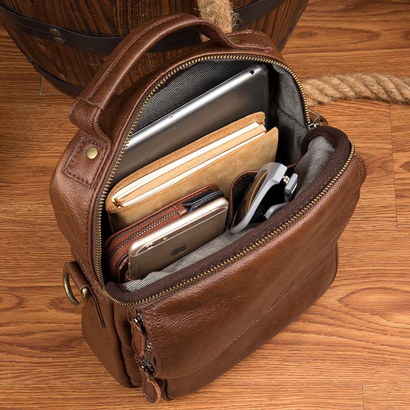 Cool Brown Leather 10 inches Vertical Small Briefcase Side Bags Messenger Bag Courier Bag for Men