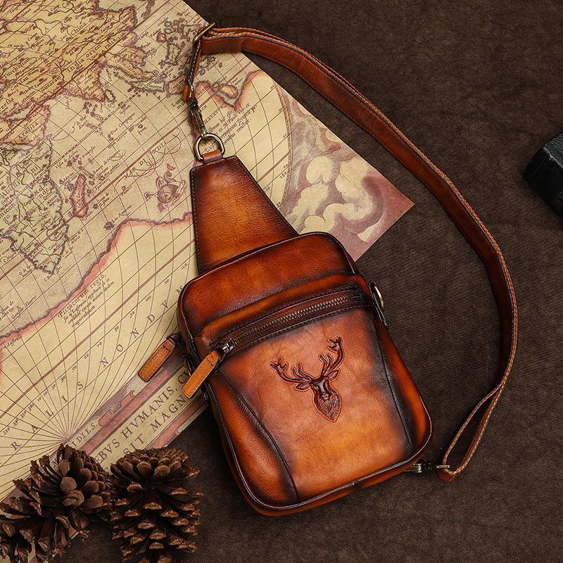 Vintage Brown Leather Deer Womens Men's Sling Bag Chest Bag Sling Pack Sling Backpack For Men