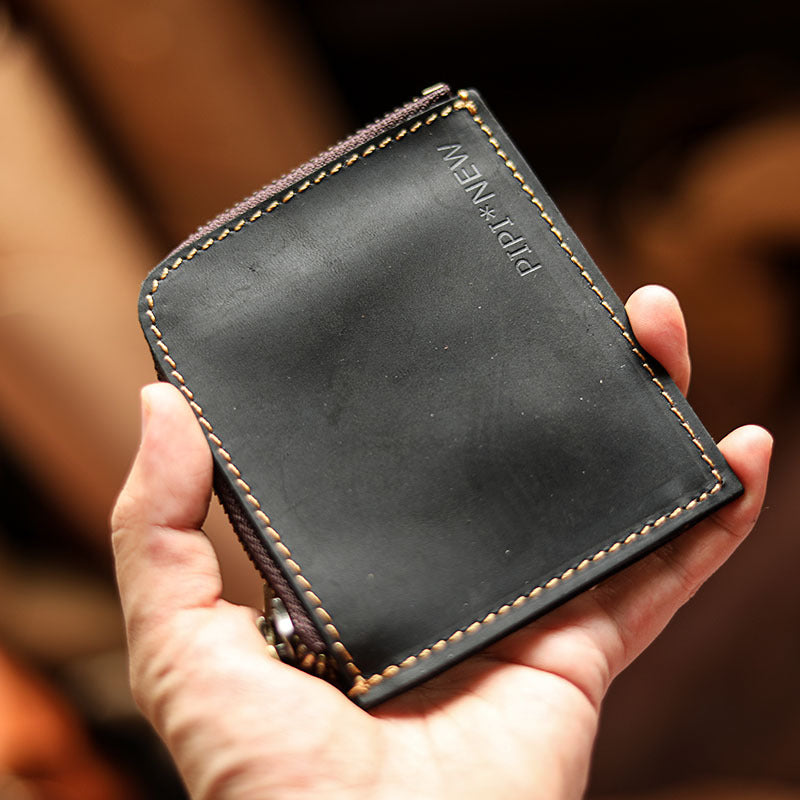 Handmade Slim Black Leather Mens billfold Wallet Zipper Small Wallet Front Pocket Wallet For Men