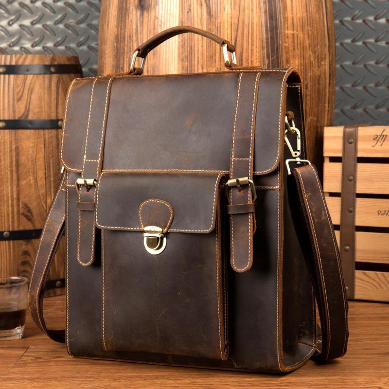 Casual Brown Leather Mens 14 inches School Backpacks Shoulder Briefcase Computer Backpack for Men