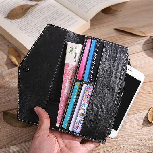 Casual Black Leather Men's Long Wallet Bifold Black Checkbook Wallet Clutch For Men