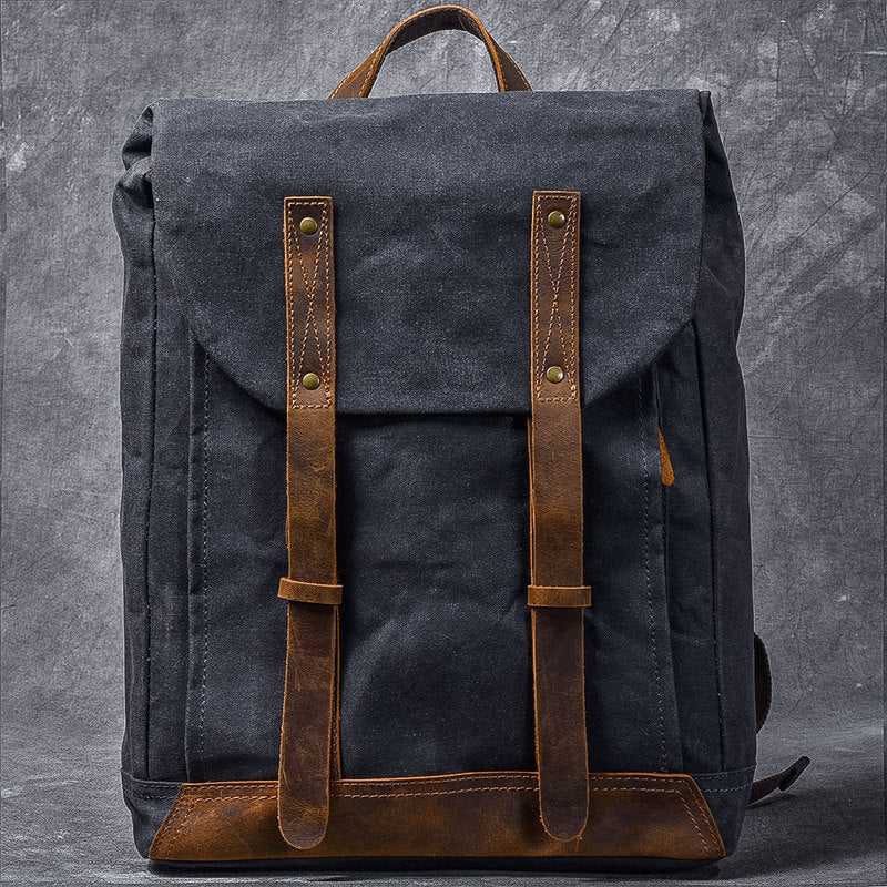 Waxed Canvas Leather Mens 15' Gray Computer Backpack Brown Travel Backpack College Backpack for Men