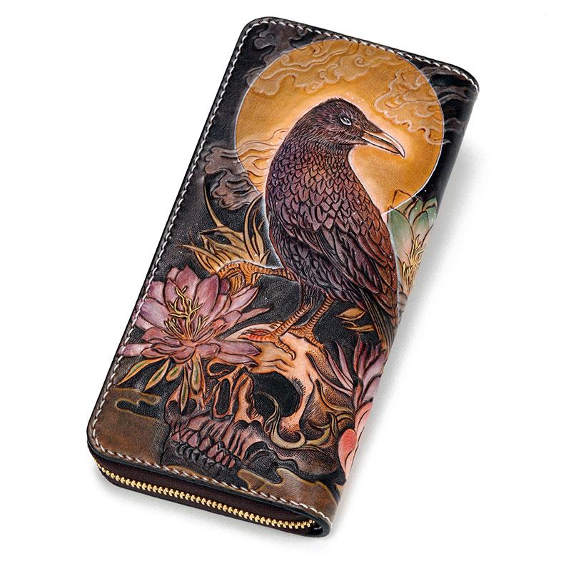 Handmade Leather Mens Clutch Wallet Cool Gold Toad Triped Crow Tooled Wallet Long Zipper Wallets for Men