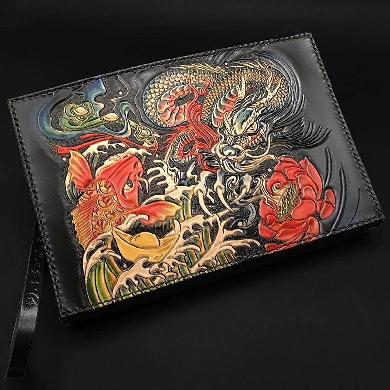 Black Handmade Tooled Leather Chinese Dragon Clutch Wallets Wristlet Bag Clutch Purse For Men