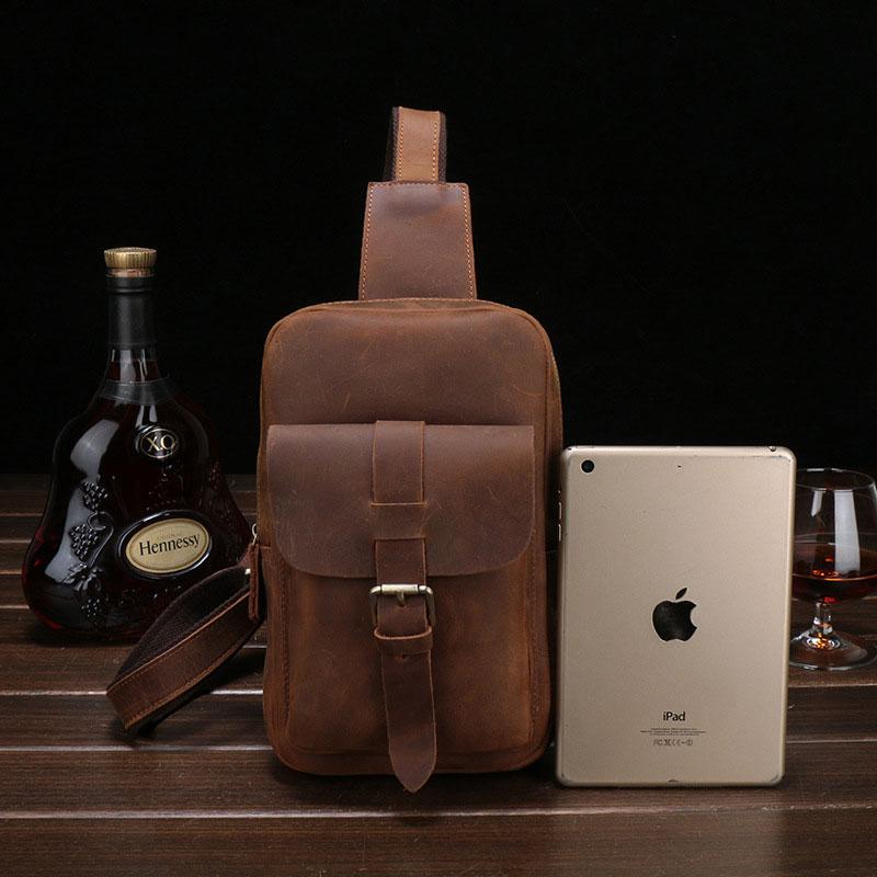 Vintage Leather Mens Sling Shoulder Bag Sling Bag Chest Bag Sling Backpack for men