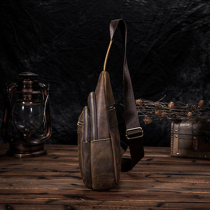 Vintage Brown Leather Men's Sling Bag 8-inches Chest Bag Vintage One shoulder Backpack For Men