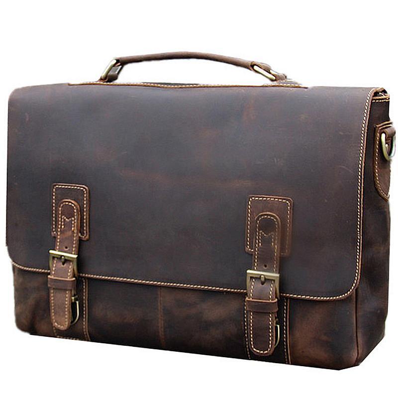 Vintage Black Mens Leather Briefcase Work Handbags Brown 14'' Computer Briefcases For Men