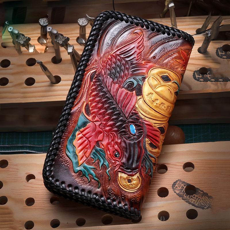 Handmade Leather Mens Clutch Wallet Cool Carp Tooled Wallet Long Zipper Wallets for Men