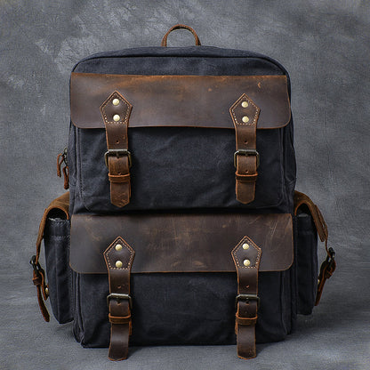 Waxed Canvas Leather Mens 15' Laptop Backpack Army Green Travel Backpack Dark Gray College Backpack for Men