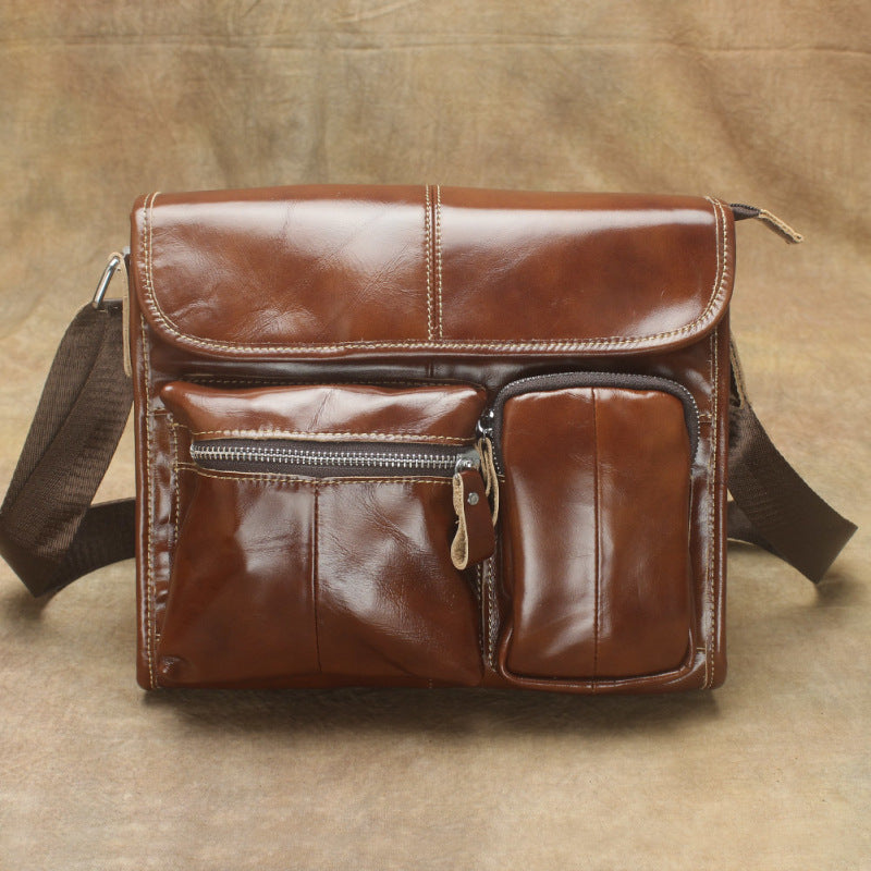 Oil Waxed Brown Leather Men's Small Messenger Bag Coffee Small Side Bag For Men