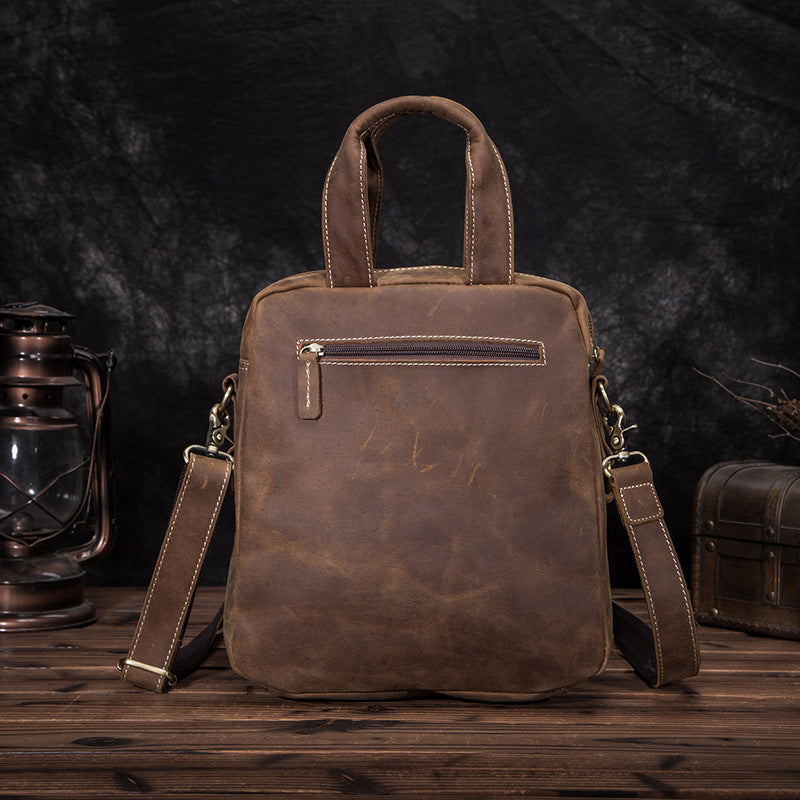 Leather Mens Vertical Work Bag Handbag Brown Vertical Small Briefcase Shoulder Bag For Men