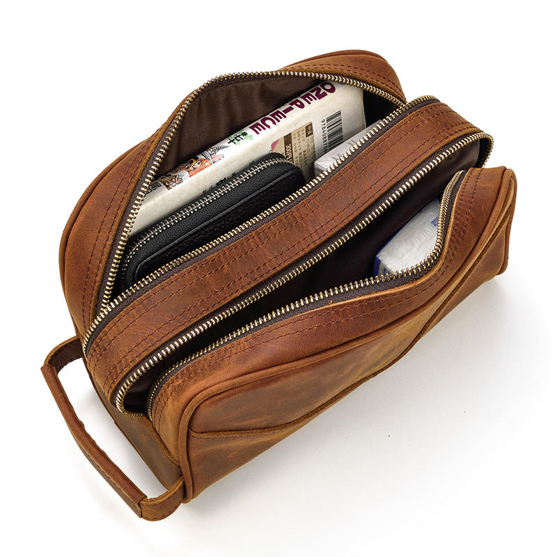 Brown Leather Men's Toiletry Bag Travel Dopp Kit Double Zipper Puller Clutch For Men