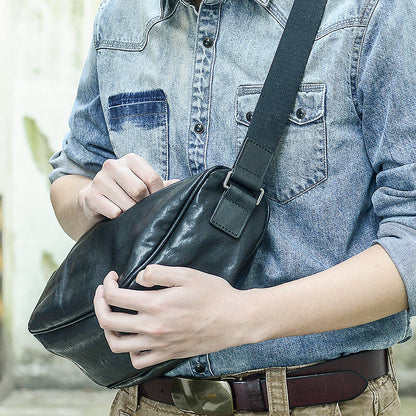 Cool Black Leather Men Chest Bag Large Sling Bag One Shoulder Backpack Sling Packs For Men