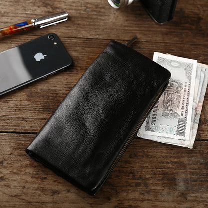 Cool Leather Mens Black Slim Long Wallet Zipper Bifold Card Wallet Clutch Wallet For Men