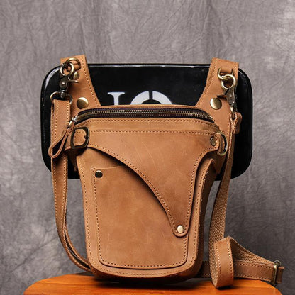 Cool Tan Men's Motorcycle Belt Pouch Belt Bag Leather Drop Leg Bag Waist Bag For Men