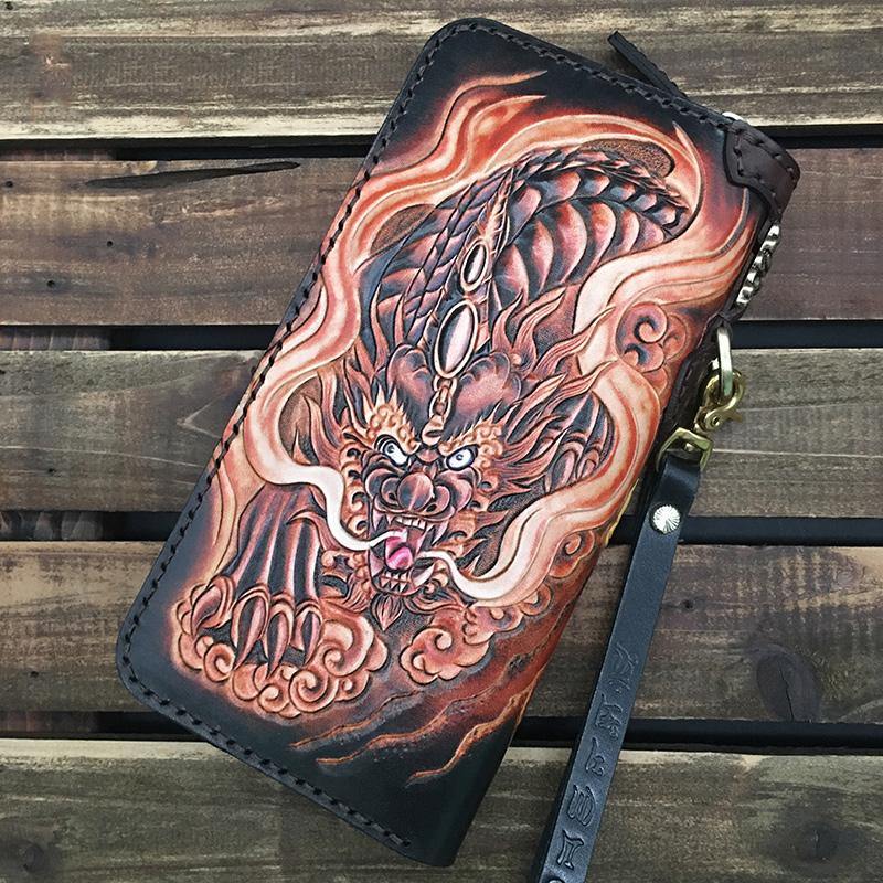 Black Handmade Tooled Brave troops Leather Long Biker Wallet Chain Wallet Clutch Wallet For Men