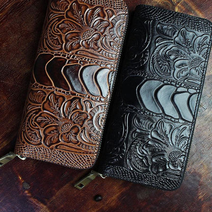 Handmade Leather Floral Mens Cool Zipper Phone Travel Long Wallet Card Holder Card Slim Clutch Wallets for Men