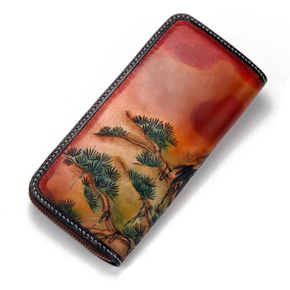 Handmade Leather Mens Clutch Wallet Cool Red-Crowned Crane Tooled Wallet Long Zipper Wallets for Men